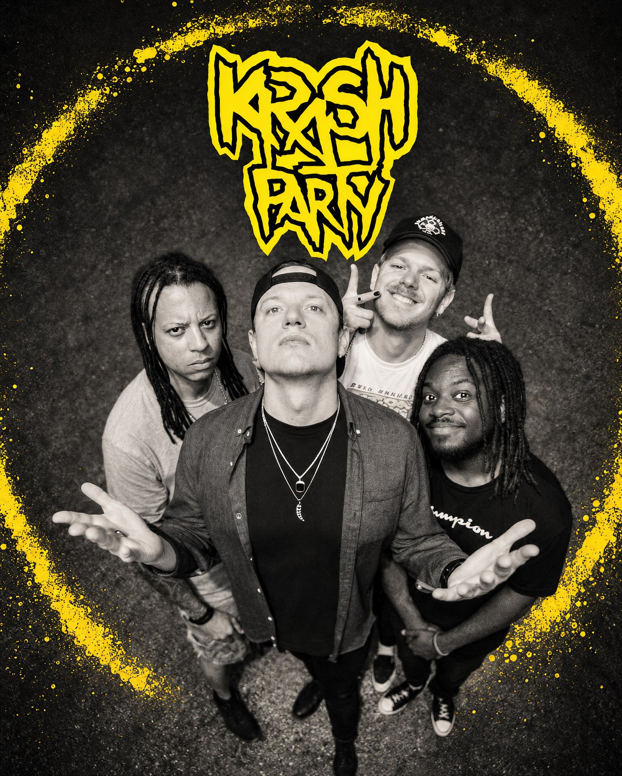 Krash Party band portrait and original yellow logo